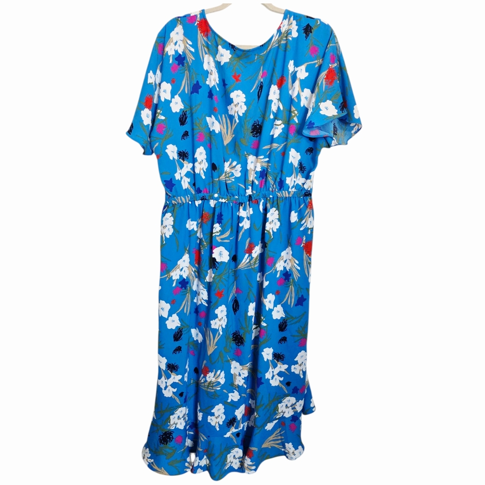 NWT J.Crew Mercantile Blue Short-Sleeve Floral Ruffle Midi Dress - Size Large - Picture 3 of 6